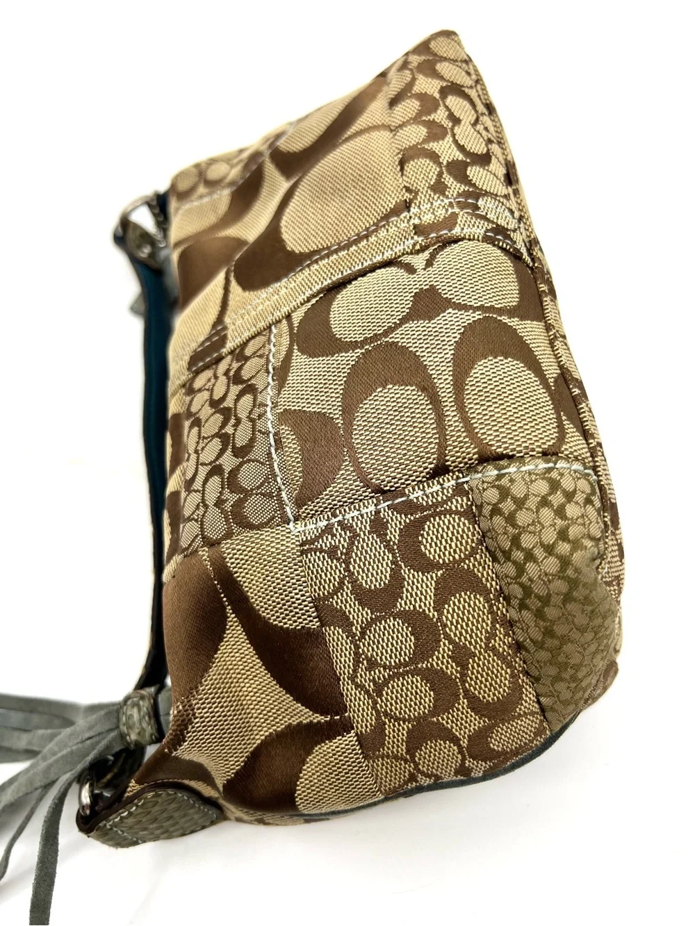 Coach Signature Vintage Y2K Patchwork Hobo Handbag Brown Tan Blue Trim Small